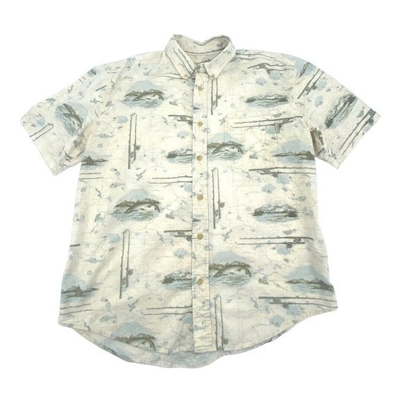 Woolrich Camp Shirt Fishing Pattern Tan‎ Short Sleeve Cotton Size Large - Picture 1 of 8